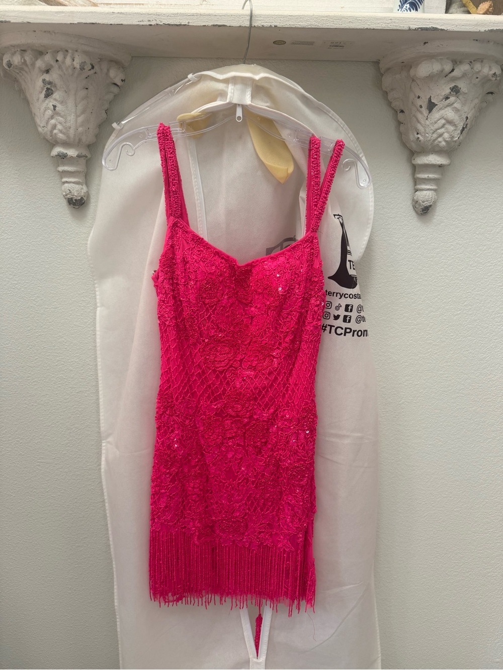 Sherri Hill Hot Pink Beaded Fringe Slip Dress